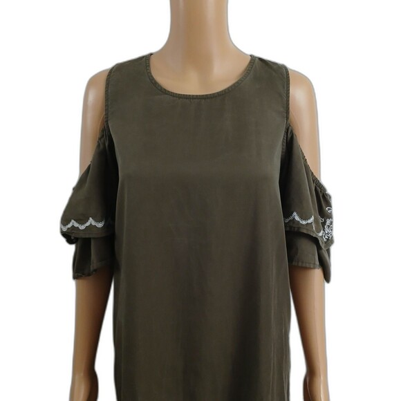 Signature Studio Women's Medium Cold Shoulder Dress Beachy Boho Peasant Green - Picture 2 of 11